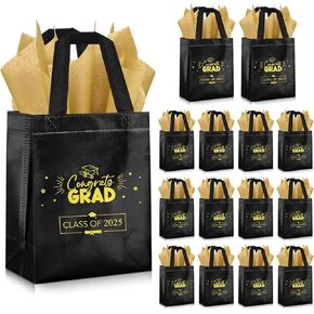 Cholemy 24 Set Graduation Gift Bags Class of 2025 Metallic Graduation Bag with Handle Congrats Bags with Tissue Paper(Black)