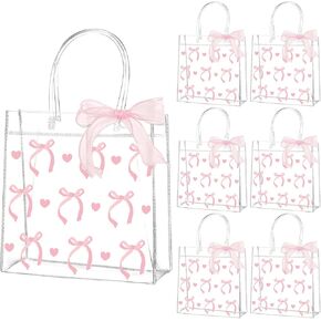Qoubai 24pcs القوس الوردي واضحة أكياس الهدايا PVC مع مقابض الشريط Bowknot Bulk Coquette Bow Goodie Treat
