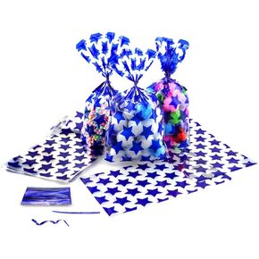 SaktopDeco 100 PCS Navy Blue Star Cellophane Reat Bags Plastic Cello Cookie Candy Gift Bags 5x8 for Beach Birthday Baby Shower Patriotic Party Packing