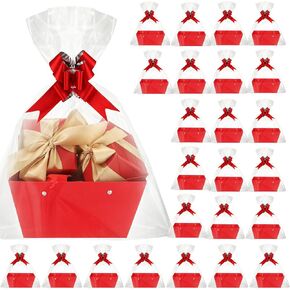 PerKoop 24 Pack Baskets for Gifts Bulk DIY Empty Gift Basket with Handles Kraft Cardboard Tray 24 Bags 24 Bows for Mother's Day Bridal Shower Graduation Wedding Birthday, 6.5 x 9.8 Inch(Khaki)