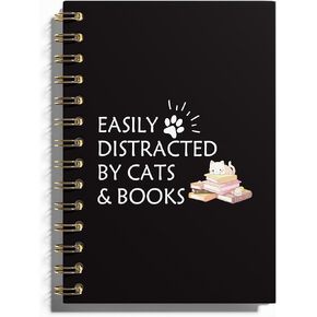 Easily Distracted by Cats and Books Notebook Journal, Cute Notebook Gifts for Book Lovers Cat Lovers, Librarian Gifts, Hardcover Spiral Notebooks for Work Note Taking, 5.5x8.3