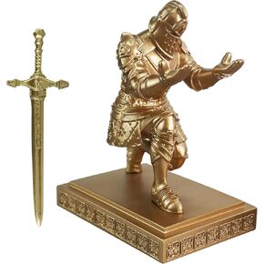 Desk Medieval Knight Statue Single Pen Holder, Funny Desktop Accessories Unique Cool Gothic Figure Pencil Stand, Gold