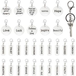 DICOSMETIC 30Pcs Inspiration Words Dangle Charms Clip on Charm Stitch Marker Charm Assorted Word Charms with Lobster Clasp Vintage Alloy Charm Antique Bronze Bracelet Charms for DIY Jewelry Making