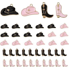 Ximimark 40 pcs Black And Golden Cowboy Hat Boot Design Alloy Enamel Charm For Jewelry Making Supplies Enamel Necklace Pendant Keychain DIY Craft Accessories Materials