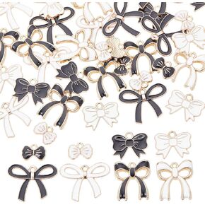 SUNNYCLUE 1 Box 4 Styles 48Pcs Enamel Bow Charms Gold Bowknot Charm Black White Alloy Bows Cute Bowknots Bowtie Pendants for Jewelry Making Ornament Diy Necklaces Bracelets Earrings Crafts Supplies