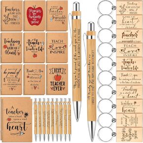Seajan 120 Pcs Teacher Appreciation Gift Include Teacher Motivational Notebook Journal Retractable Bamboo Ballpoint Pen Wooden Keychain Thank You Gift Bulk for Teachers' Day Student School Supplies