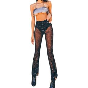 JUMISEE Women Rave Sheer Mesh Star Sequined Flared Pants High Waist Bell Bottom Pants for Party Festival