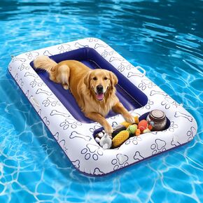 MoKo Dog Pool Float, 59 x 35 Inch Pool Floats for Small, Medium and Large Dogs, Floating Bed with Built-in Storage Area for Pet Toys and Food, Inflatable Dog Pool Float for Lake Camp, Blue Bone Claw