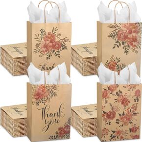 Jutom 48 Pack Kraft Paper Floral Gift Pass with Handles شكرًا لك أكياس زهرة مع ورق الأنسجة Kraft Paper Acags for Tea Party Birthday Wedding Shower Supplies