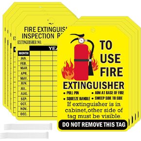 SMARSTICKER 50 Set Monthly Fire Extinguisher Inspection Tags Record Year, Yellow, 3.3 x 5 Inch, Rectangular, Polypropylene, Tags