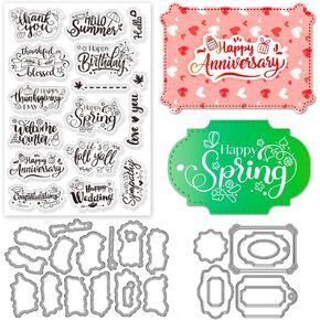 INFUNLY 3pcs Word Stamps and Dies for Card Making Blessing Words Cutting Die and Stamp Set Happy Spring Clear Stamps Label Die Cuts Happy Wedding Silicone Stamp for DIY Scrapbooking Photo Album Craft