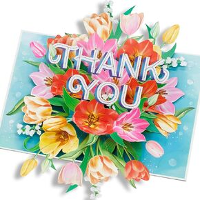 Floral Thank You Pop Up Card, Tulips, 3D Greeting Cards, Appreciation Gifts for Teacher, Nurse, Doctor, Boss, 5x7 - Includes Envelope And Message Note