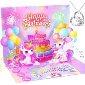 Pop Up Birthday Card with Light & Music, Unicorn 3D Birthday Card, Fireworks Birthday Card for Women Kids Girls Daughter, 3D Cake Greeting Crad with Blowable Candle Sticker DIY Numbers