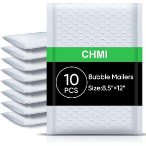 CHMI White Bubble Mailers 8.5 × 12 بوصة 10 حزمة ، الحجم القابل للاستخدام 8.25x12 بوصة البريد بولي ، الأظرف البريدية ، شحن البريد ， الأكياس الختم العظمية لماشية مقاومة للماء للتغليف والشحن.