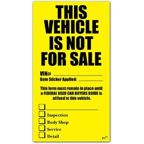 Large Vehicle Not for Sale Stickers (4.1 Inches x 7.5 Inches) (Yellow and Black) (100 Per Pack)