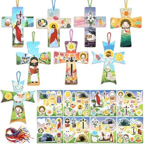 HOWAF 24 Set Easter Cross Craft Kit Religious He Lives Stickers,Make Your Own Jesus Egg Hanging Ornaments Religious Easter Sticker for Jesus Faith Classroom Sunday Christian Party Supplies
