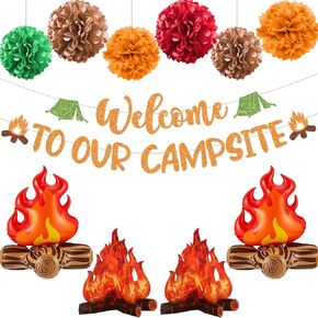 Camping Party Decorations, Welcome to Our Campsite Banner 3D Campfire Centerpiece Pom Poms Balloons, Camping Decorations, Camping Themed Party Decorations, Camping Decor, Gold