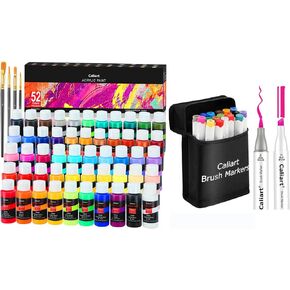 Caliart 52 Colors مجموعة الطلاء الأكريليك مع 4 فرش ، 18 ألوان فرشاة وإزميل علامات فن الكحول الكحول ، رسم أقلام علامات دائمة الأم يوم الأم لأمي الأطفال