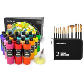 Shuttle Art Acrylic Paint Set and Paint Brush Set Bundle, 18 Colors Acrylic Paint Set and 12 PCS Paint Brush Set with Case