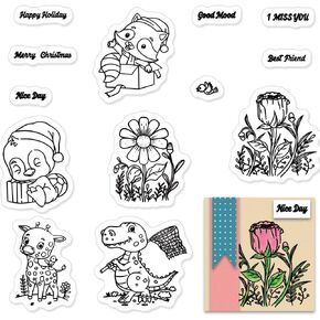 Blessing Greeting Words Clear Stamps for Card Making Scrapbooking DIY Decorations, Crocodile Deer Bird Flower Clear Stamps for Embossing Album Crafts Holiday Décor