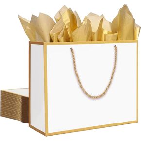 Qielser 12 Pack Kraft Gift Pags Bulk حجم كبير جدًا مع ورق منسجة 16 × 6 × 12 بوصة ، وأكياس الورق البيضاء مع مقابض الشريط لصالح الحفلات ، والتسوق ، والتجزئة ، والزفاف ، والعمل ، عيد الميلاد ، عيد الميلاد