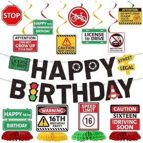 ديكورات حفلة عيد ميلاد رخصة قيادة - Deorfuy 14pcs Bay Bay Party 16th مع شنقات Drolls Decoration Boys Car موضوع قرص العسل المركزية ديكور للأولاد