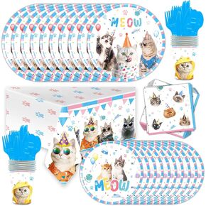 81pcs cut cat party tableware تعيين مستلزمات زخرفة الحفلات Cat موضوع تتضمن مداخل المطبوعة المطبوعة Cat Kitty Kitty ، أدوات أدوات أدوات ، أكواب ، مناشف ورقية.