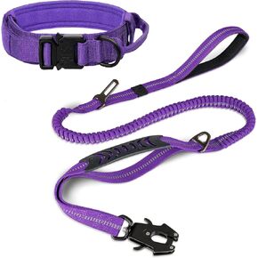 Joytale Tactical Dog Collar (17 "-21") ومجموعة المقود ، مقود بونجي الذي يمتص الصدمات وطوق قوي قابل للتعديل مع مقبض للكلاب الكبيرة (الأرجواني ، ل)