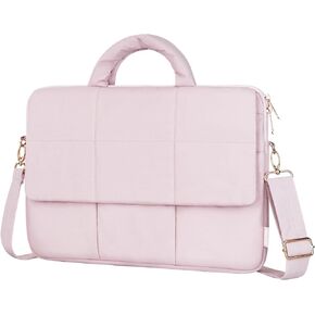 MOSISO Laptop Shoulder Bag, 15-15.6 inch Computer Bag Compatible with MacBook Pro 16 inch, HP, Dell, Lenovo, Asus Notebook, Rectangle Quilted Flapover Sleeve with Front Zipper & 3 Open Pockets, Pink