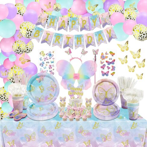 249 Pcs Movie Butterfly Birthday Decorations - Plates, Tablecloth, Balloons, Banner, Temporary Tattoos, Butterfly Stickers, Tableware, Cups, Butterfly Wing Set for Magic Party Supplies in Kuwait