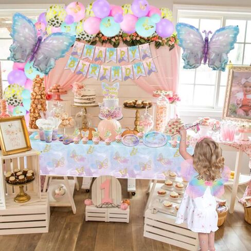 249 Pcs Movie Butterfly Birthday Decorations - Plates, Tablecloth, Balloons, Banner, Temporary Tattoos, Butterfly Stickers, Tableware, Cups, Butterfly Wing Set for Magic Party Supplies in Kuwait