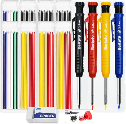 2PCS Carpenter Pencil with Sharpener,Mechanical Pencils with 26 Refills An eraser,Heavy Duty Woodworking Pencils for Architect,Deep Hole Marker for Construction with Case(Black, Red) in Saudi Arabia