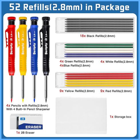 2PCS Carpenter Pencil with Sharpener,Mechanical Pencils with 26 Refills An eraser,Heavy Duty Woodworking Pencils for Architect,Deep Hole Marker for Construction with Case(Black, Red) in Saudi Arabia