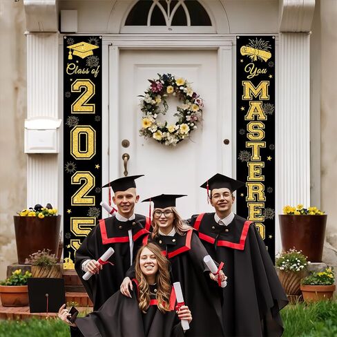 Graduation Decorations Blue Gold,Class of 2025 Congrats Grad Backdrop Banner,Congratulations Yard Sign Photography Background for 2025 Graduation Party Decorations in Saudi Arabia
