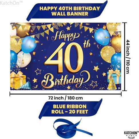 KatchOn Blue and Gold 40th Birthday Banner - XtraLarge, 72x44 Inch Happy Birthday Decoration Banner in Saudi Arabia