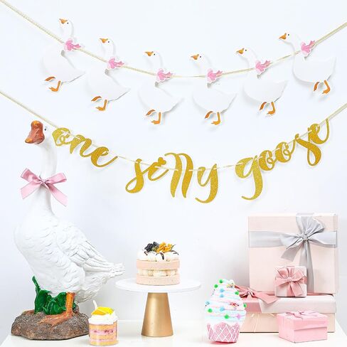 TaoBary One Silly Goose Banner Glitter One Silly Goose Birthday Decor Funny Pink 1st First Birthday Banner for Girl Party Decorations in Saudi Arabia