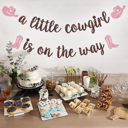 A Little Cowgirl is on The Way Banner, Cowgirl Baby Shower Party Decor, Western Themed Girl Baby Shower Birthday Party Decorations, Brown and Pink Glitter in Kuwait