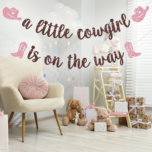 A Little Cowgirl is on The Way Banner, Cowgirl Baby Shower Party Decor, Western Themed Girl Baby Shower Birthday Party Decorations, Brown and Pink Glitter in Kuwait
