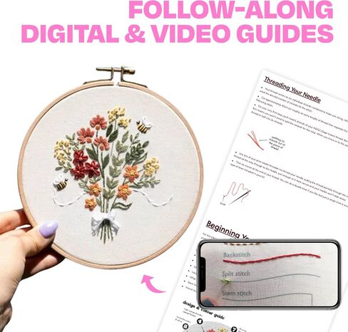 CRAFT CLUB Floral Minis Embroidery Kit Set of 3 Mini Designs DIY Arts and Crafts Cross Stitch Punch Needle Set with Bamboo Hoop and Full Thread Packs in Saudi Arabia