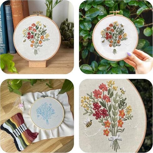 CRAFT CLUB Floral Minis Embroidery Kit Set of 3 Mini Designs DIY Arts and Crafts Cross Stitch Punch Needle Set with Bamboo Hoop and Full Thread Packs in Saudi Arabia