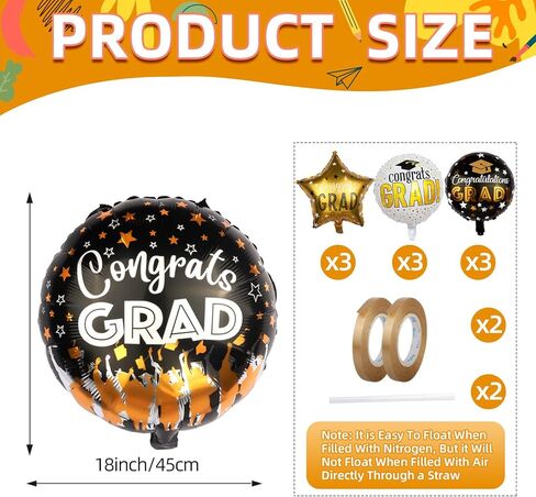Graduation Balloons 9PCS - Class of 2025 Decorations, 18 Inch Foil Balloons for Congrats Grad, Kindergarten Graduation Party, Mylar Balloon Arch Kit with Automatic sealing in Saudi Arabia