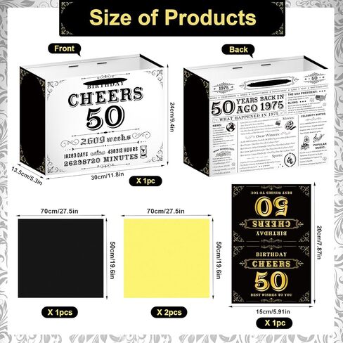 Wxiben Vintage 50th Birthday Gift Bag - Black and White 1975 Gift Bag, Large Wrap Bag with Handle Tissue Paper Greeting Card for 50 Year Old Women Men, 50th Birthday Party Decor in Kuwait