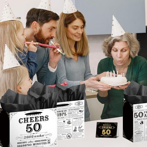 Wxiben Vintage 50th Birthday Gift Bag - Black and White 1975 Gift Bag, Large Wrap Bag with Handle Tissue Paper Greeting Card for 50 Year Old Women Men, 50th Birthday Party Decor in Kuwait