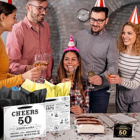 Wxiben Vintage 50th Birthday Gift Bag - Black and White 1975 Gift Bag, Large Wrap Bag with Handle Tissue Paper Greeting Card for 50 Year Old Women Men, 50th Birthday Party Decor in Kuwait