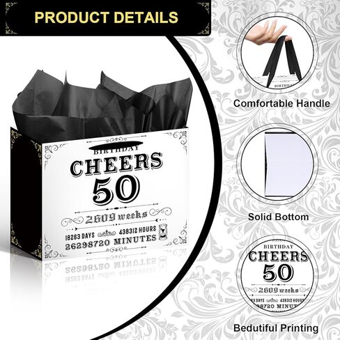 Wxiben Vintage 50th Birthday Gift Bag - Black and White 1975 Gift Bag, Large Wrap Bag with Handle Tissue Paper Greeting Card for 50 Year Old Women Men, 50th Birthday Party Decor in Kuwait