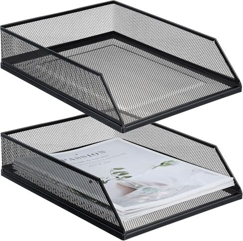 Hicarer 2 PCS شبكة قابلة للتكديس صواني أسود أحرف معدنية أسود صينية طبقة المكتب سلك واحد منظم مكتب سطح المكتب الأمامي حامل ورق التحميل للمكتب المكتبي ، 12.8 × 9.84 × 2.95 بوصة in Saudi Arabia