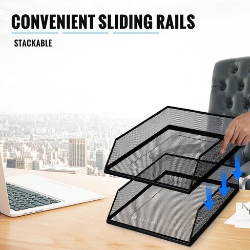 Hicarer 2 PCS شبكة قابلة للتكديس صواني أسود أحرف معدنية أسود صينية طبقة المكتب سلك واحد منظم مكتب سطح المكتب الأمامي حامل ورق التحميل للمكتب المكتبي ، 12.8 × 9.84 × 2.95 بوصة in Saudi Arabia