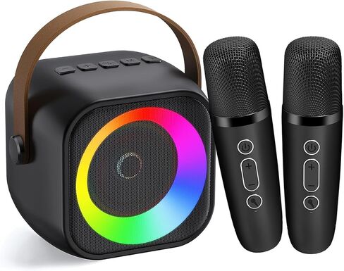 آلة كاريوكي صغيرة للأطفال والكبار، مكبر صوت بلوتوث محمول مع 2 ميكروفونات لاسلكية، مجموعة ميكروفون ومكبر صوت مع ضوء ديسكو للمنزل والحفلات المنزلية وهدية عيد الميلاد للفتيات والأولاد in Kuwait
