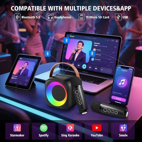 آلة كاريوكي صغيرة للأطفال والكبار، مكبر صوت بلوتوث محمول مع 2 ميكروفونات لاسلكية، مجموعة ميكروفون ومكبر صوت مع ضوء ديسكو للمنزل والحفلات المنزلية وهدية عيد الميلاد للفتيات والأولاد in Kuwait