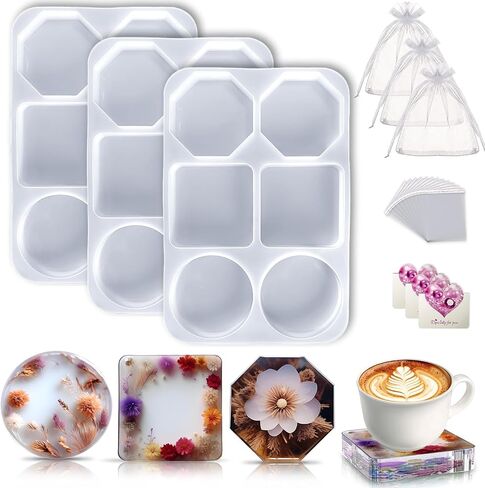 Resin Molds Set - 6-Cavity Deep Silicone Molds for Epoxy Resin, Round Square Hexagonal Coaster Shapes for Casting, DIY Crafts, Home Decoration in Saudi Arabia